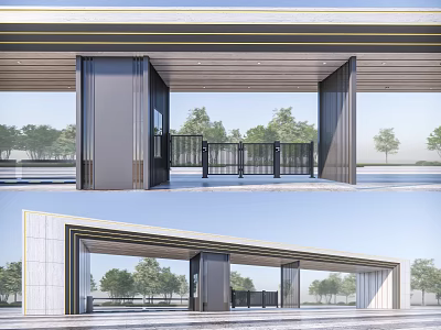 Modern Entrance Gate Design With Metal Frame Glass Panels And Surrounding Trees 3d model