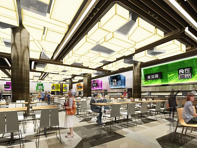 Spacious Modern Restaurant Interior With Bright Lighting Dining Tables Chairs And Digital Screens 3d model