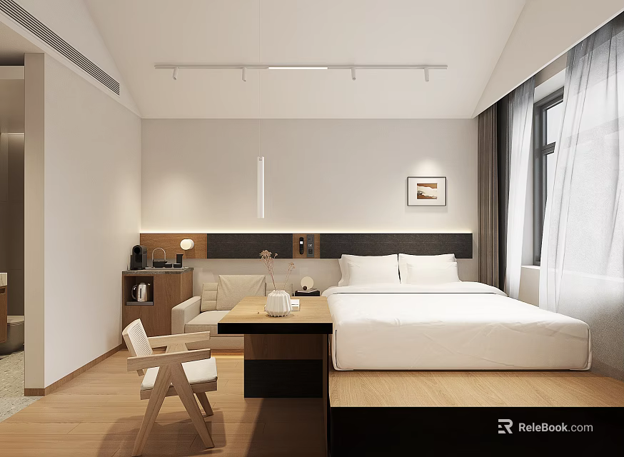 Hotel Guest Room Interior Design With Minimalist Style Wooden Floor White Bed Table And Chair 3d model 