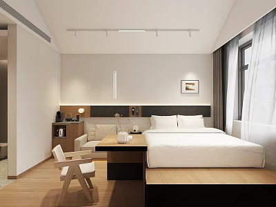 Hotel Guest Room Interior Design With Minimalist Style Wooden Floor White Bed Table And Chair 3d model