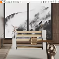 Wooden Public Chair With Stone Frame Relax Towel And Mountain Landscape Backdrop