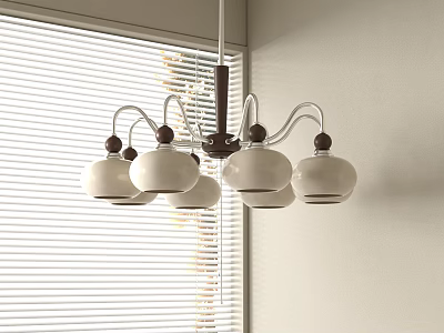 Modern Chandelier With Rounded White Shades And Metal Frame Near Window Blinds 3d model