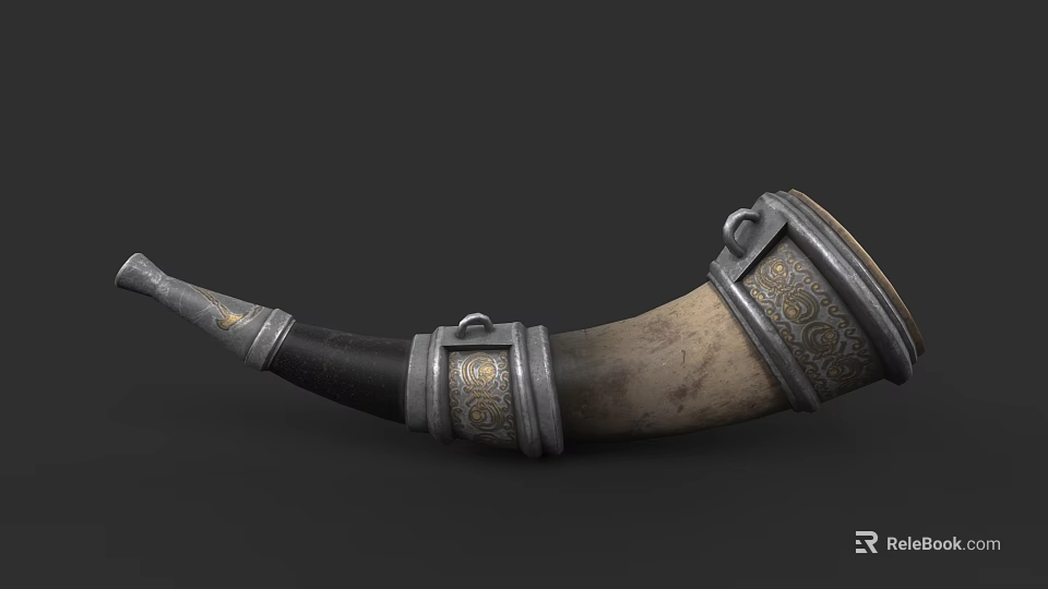 Intricate Horn Sculpture With Metal Bands And Ornate Patterns Design 3d model 
