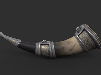 Intricate Horn Sculpture With Metal Bands And Ornate Patterns Design 3d model