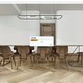Wooden Dining Table Set With Matching Chairs Cabinet And Hanging Lighting In White Room