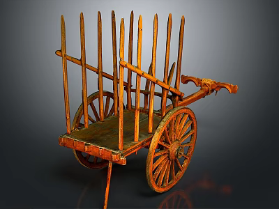 Ancient Wooden Cart With Vertical Rails And Large Spoked Wheels 3d model