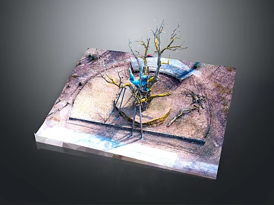Withered Tree Scene Model With Circular Platform Square Base And Blue Decorations 3d model