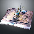 Withered Tree Scene Model With Circular Platform Square Base And Blue Decorations
