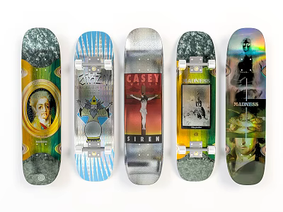 Five Skateboard Decks With Diverse Creative Graphic Art And Design Prints 3d model