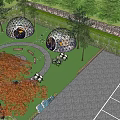 Lush Green Garden Landscape With Dome Structures Outdoor Seating Fire Pit And Lights