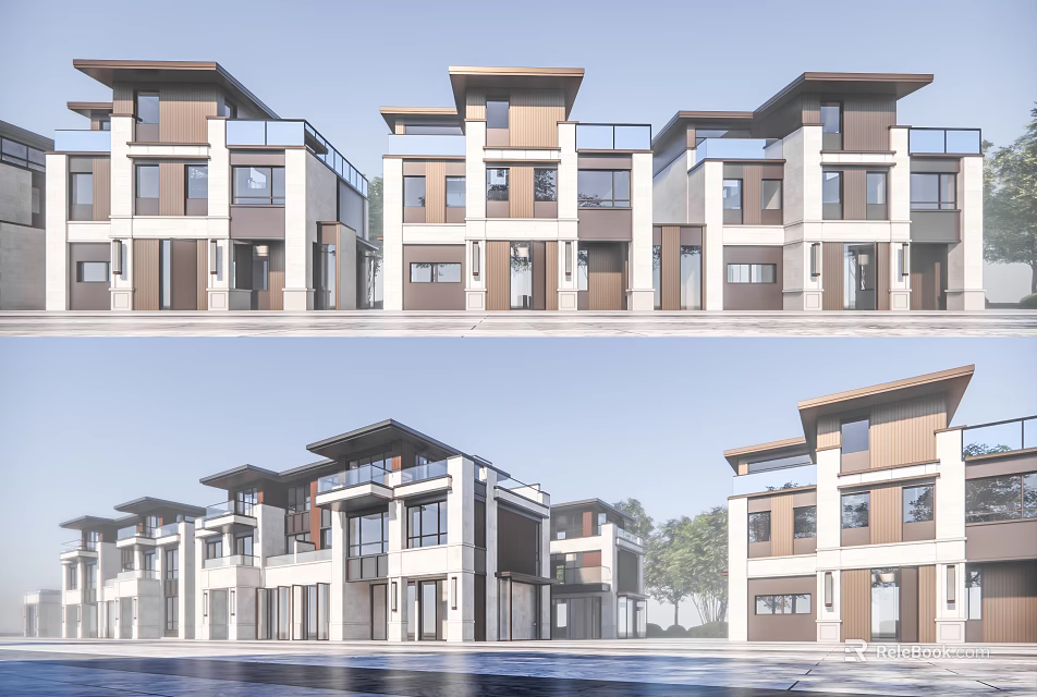 Modern Townhouse Exterior Design With Glass Windows Balconies And Residential Row Layout 3d model 