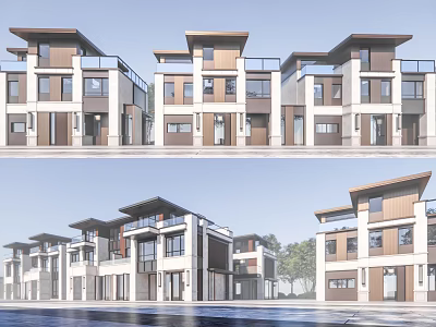 Modern Townhouse Exterior Design With Glass Windows Balconies And Residential Row Layout 3d model