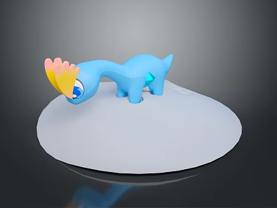 Blue Creature With Yellow Pink Head Decoration Standing On White Circular Platform 3d model