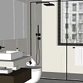 Modern Bathroom Interior With Glass Shower Enclosure White Vanity And Mirrors