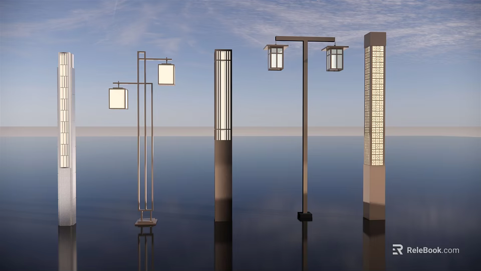 Modern Outdoor Lights With Different Styles Including Pillar And Lamp Arm Designs 3d model 