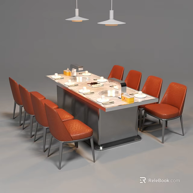 Modern Dining Table Set with Orange Leather Chairs and Dinnerware Decorative Items 3d model 