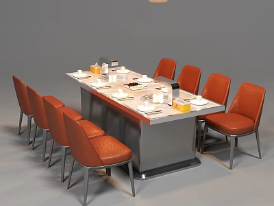 Modern Dining Table Set with Orange Leather Chairs and Dinnerware Decorative Items 3d model