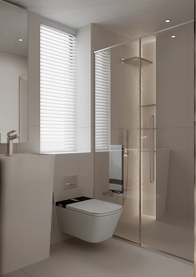 Modern Bathroom Interior Design With White Blinds Glass Shower Sink And Toilet 3d model