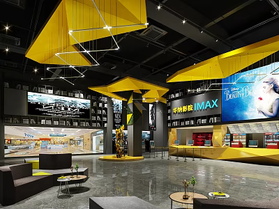 Modern Cinema Interior With Yellow Ceiling Large Screens Seating Area And Bar Counter 3d model