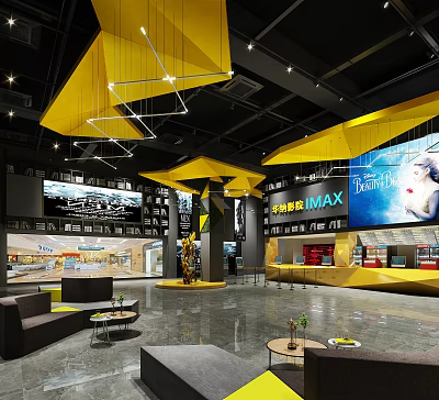 Modern Cinema Interior With Yellow Ceiling Large Screens Seating Area And Bar Counter 3d model