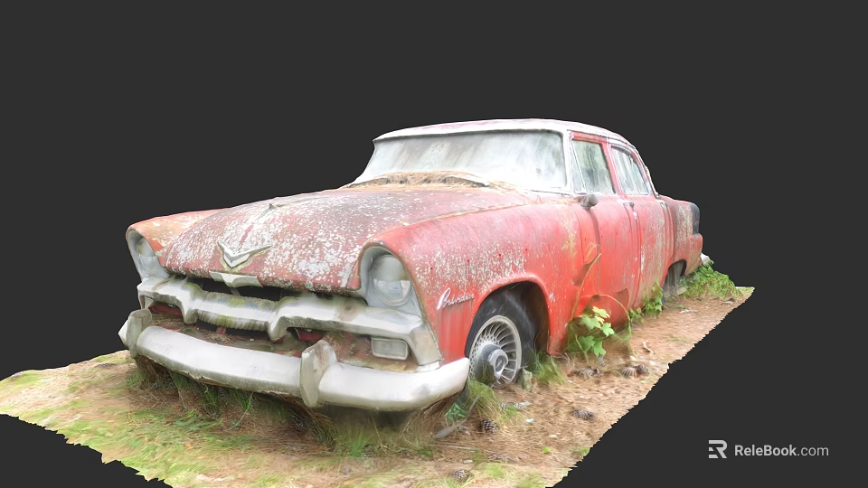 Old Rusted Red Car Left Abandoned In Overgrown Grass And Dirt 3d model 