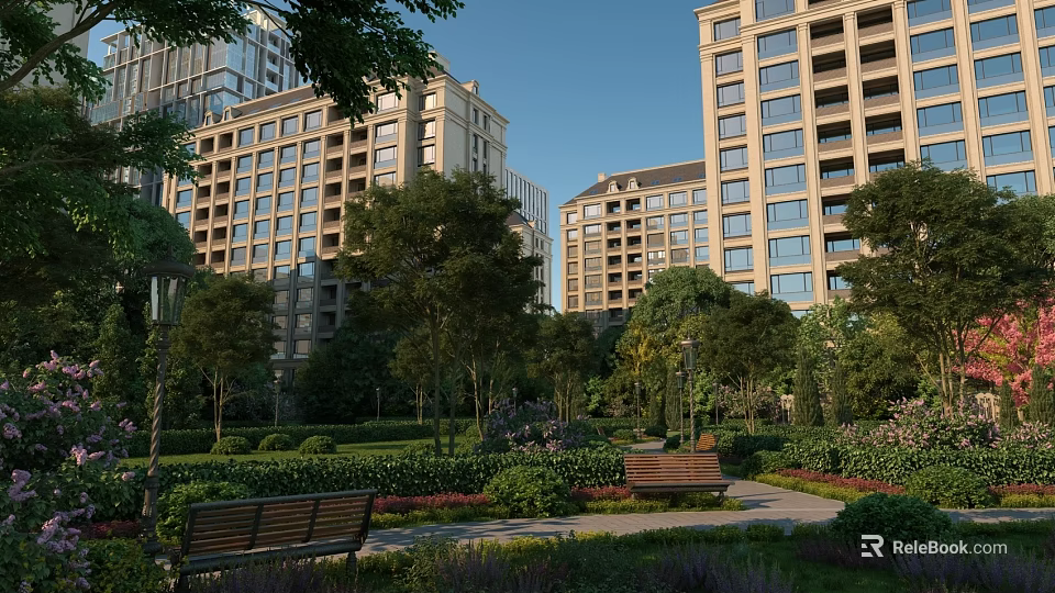 Residential Garden Landscape with High Rise Buildings Lush Trees Benches and Garden Paths 3d model 