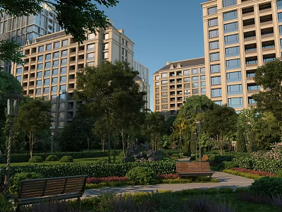 Residential Garden Landscape with High Rise Buildings Lush Trees Benches and Garden Paths 3d model