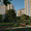 Residential Garden Landscape with High Rise Buildings Lush Trees Benches and Garden Paths