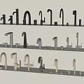 Various Styles of Modern Faucets in Different Colors Displayed on Shelves