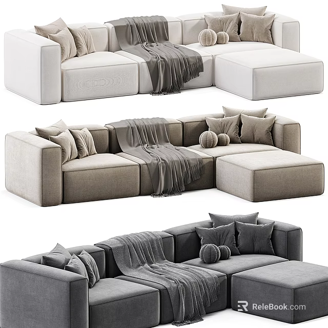 Modern Three Seater Sofa With Plush Cushions Throw Blanket And Ottoman 3d model