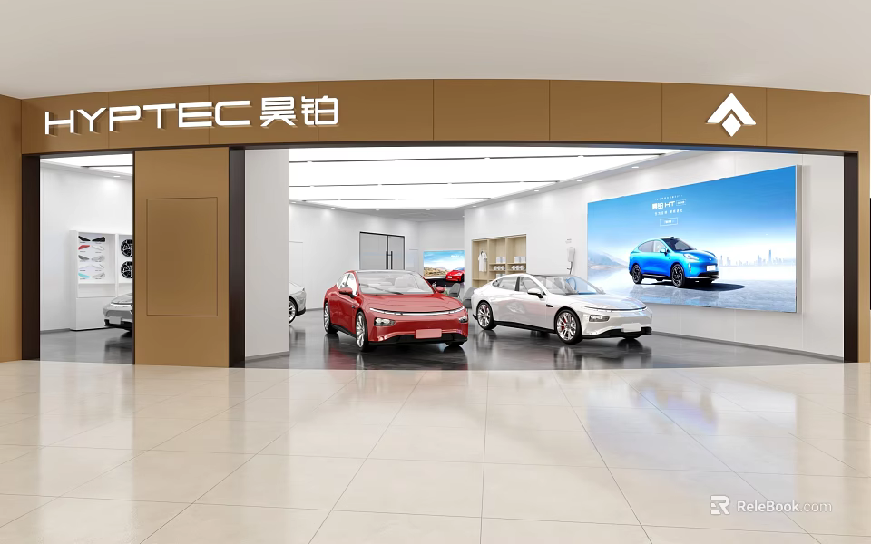YPTECT Car Showroom Featuring Red And White Cars With Blue Vehicle Poster 3d model 