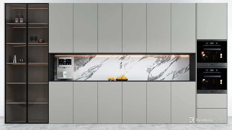 Modern Light Gray Kitchen Sideboard With Marble Backsplash LED Lighting And Coffee Machine 3d model