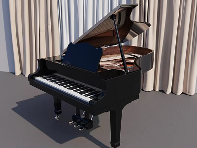 Piano Room Interior With Black Grand Piano And Beige Curtains 3d model