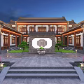 Chinese Style Detached Villa With Courtyard Green Trees And Parking Area