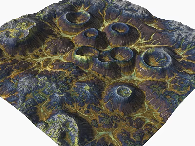 3D Rendered Abstract Textured Surface With Circular Depressions And Blue Yellow Brown Hues 3d model