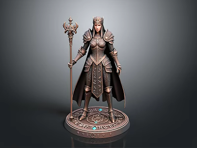 Detailed Armored Woman Statue Holding Staff Standing On Magic Circle Base 3d model