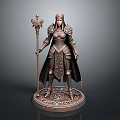 Detailed Armored Woman Statue Holding Staff Standing On Magic Circle Base