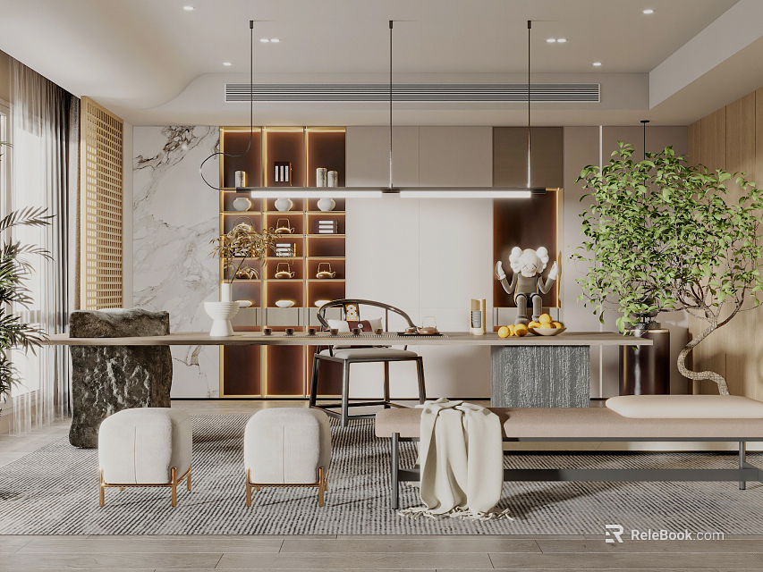 Modern Tea Room Interior Design With Wooden Furniture Green Plants And Tea Sets 3d model 