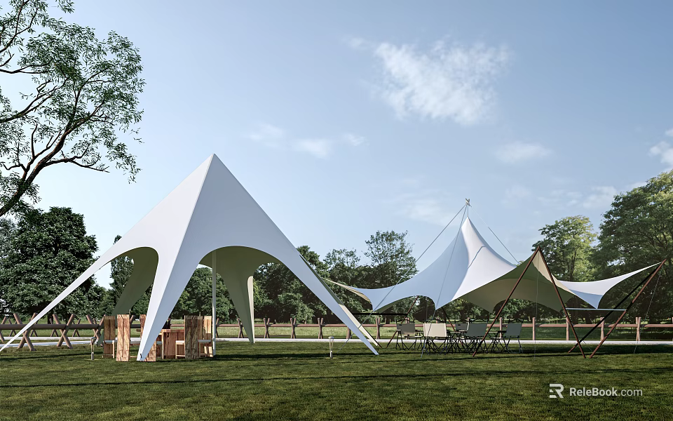 Spacious White Tents Set In Green Grassland With Wooden Furniture And Trees 3d model 