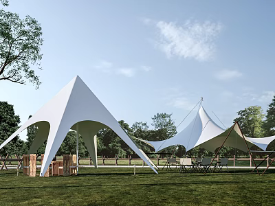 Spacious White Tents Set In Green Grassland With Wooden Furniture And Trees 3d model