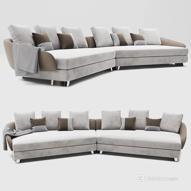 Modern Sectional Sofa With Light Gray Upholstery Brown Pillows And Gray Throw Blanket 3d model