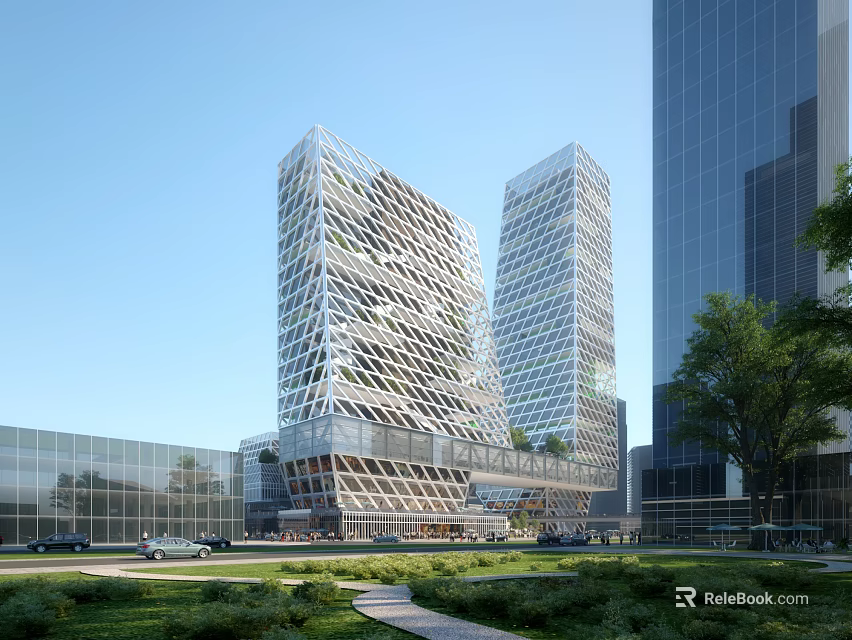 Modern High Rise Office Building With Glass Facade Design And Green Surroundings 3d model 