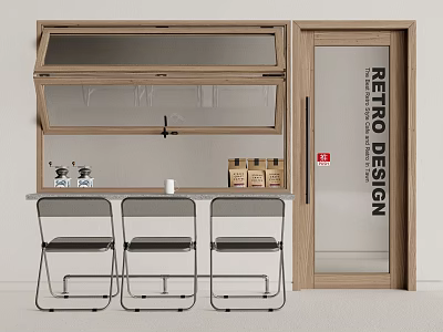 Retro Design Kitchen Space With Wooden Cabinet Glass Door And Long Table Chairs 3d model
