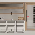 Retro Design Kitchen Space With Wooden Cabinet Glass Door And Long Table Chairs