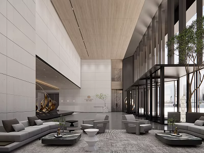 Modern Hotel Lobby With Wooden Ceiling Large Windows Comfortable Sofas And Green Plants 3d model