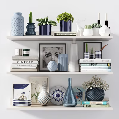 Elegant Bookshelf Display With Decorative Books Vases Plants And Framed Art 3d model