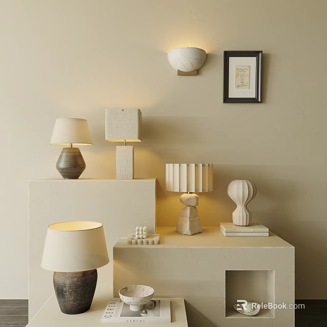 Modern Table Lamps In Various Designs Placed On White Shelves Against Beige Wall 3d model 