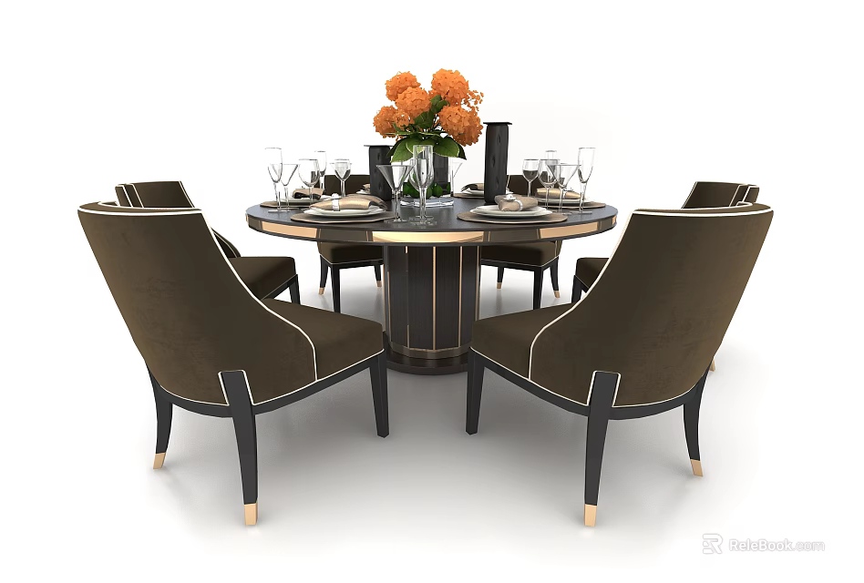 Elegant Round Dining Table Set With Orange Flowers Vase Wine Glasses And Tableware 3d model