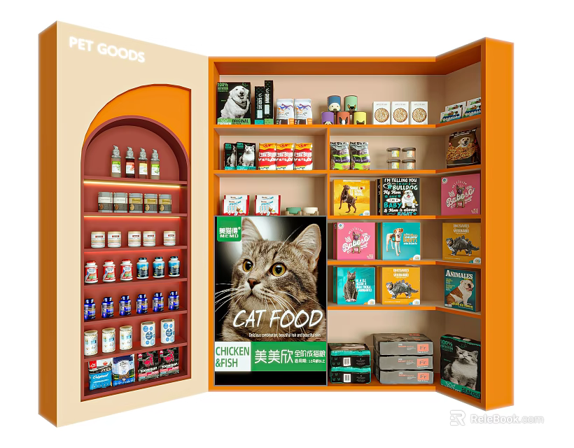 Pet Goods Display Shelf With Assorted Cat Food And Pet Supplies 3d model 