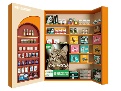 Pet Goods Display Shelf With Assorted Cat Food And Pet Supplies 3d model